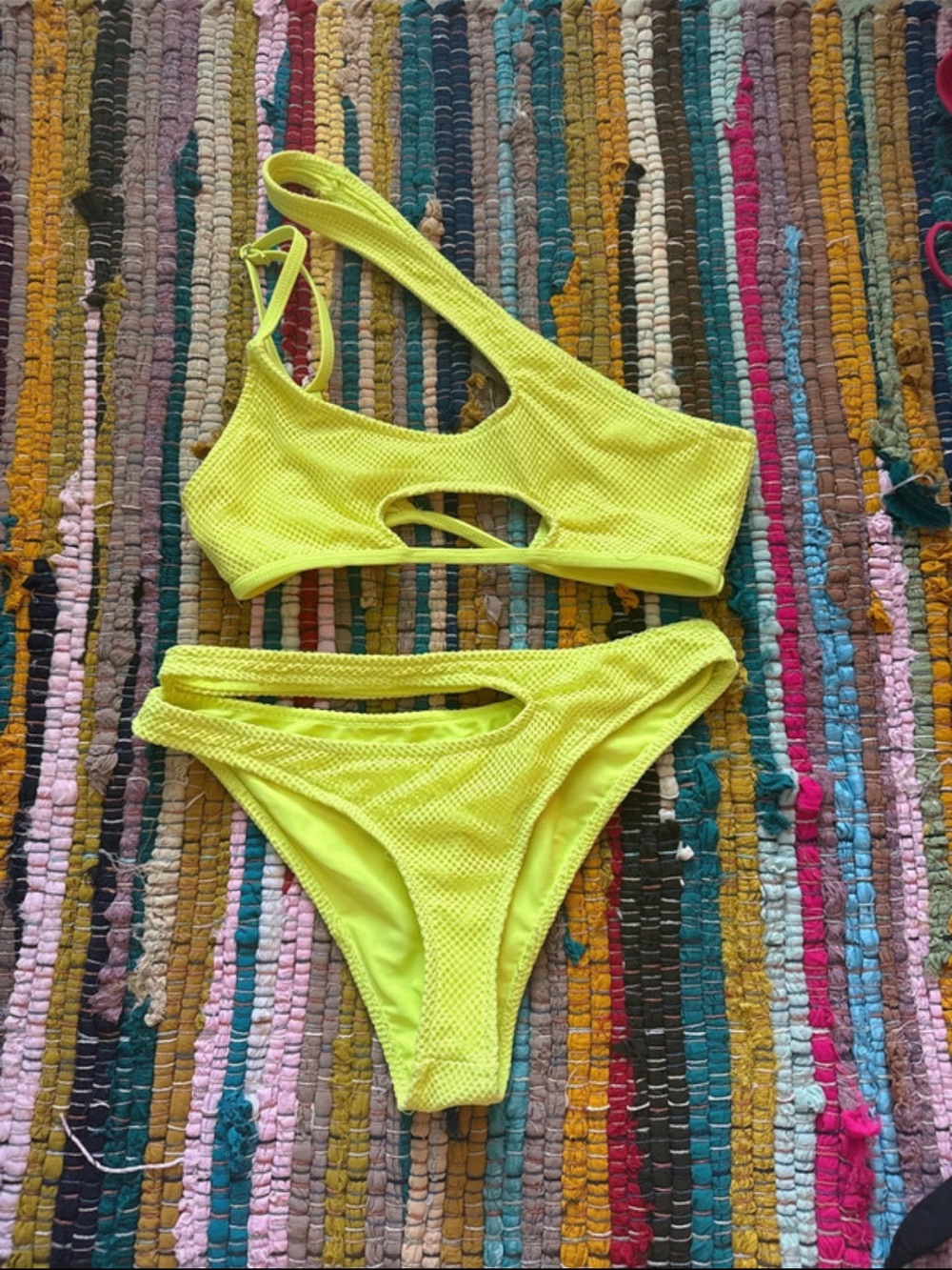 Neon Yellow Cutout Mesh Bikini Set